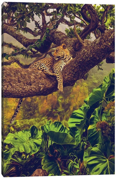 Leopard Lying On A Tree Canvas Art Print - Ievgeniia Bidiuk