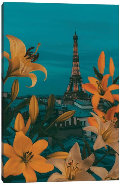 Lilies In Bloom Against The Background Of Evening Paris Canvas Art Print - Ievgeniia Bidiuk