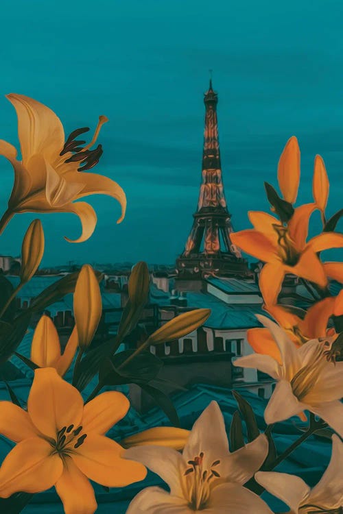 Lilies In Bloom Against The Background Of Evening Paris by Ievgeniia Bidiuk wall art