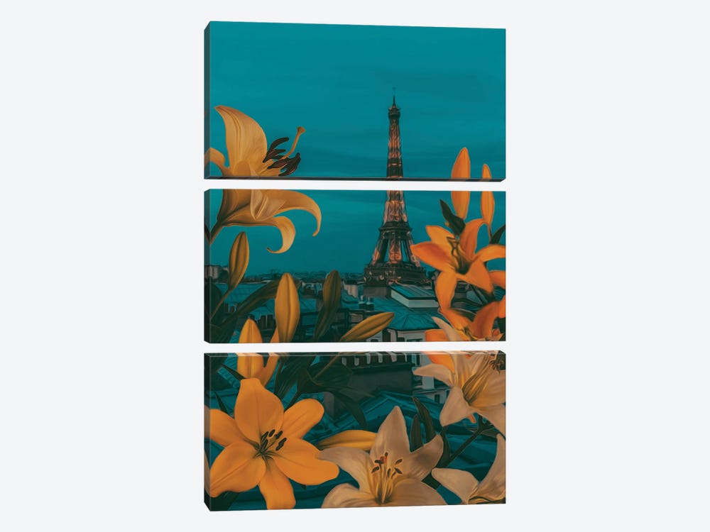 Lilies In Bloom Against The Background Of Evening Paris by Ievgeniia Bidiuk 3-piece Art Print