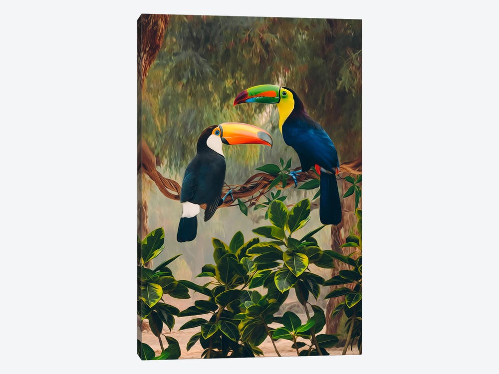 Two African Toucans On A Branch by Ievgeniia Bidiuk 1-piece Canvas Art