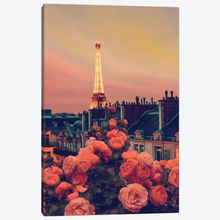 Balcony Flowers Against The Background Of Evening Paris Canvas Print #IVG741} by Ievgeniia Bidiuk Canvas Print