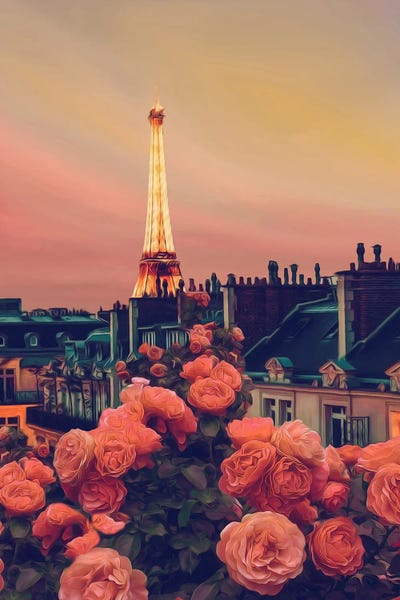 Eiffel Tower: Balcony Flowers Against The Background Of Evening Paris by Ievgeniia Bidiuk