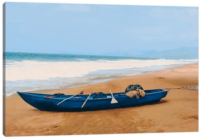 The Fishing Boat On The Sandy Beach In The Morning Canvas Art Print - Ievgeniia Bidiuk