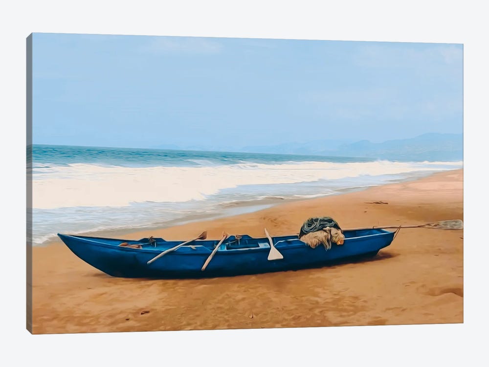 The Fishing Boat On The Sandy Beach In The Morning by Ievgeniia Bidiuk 1-piece Canvas Art Print