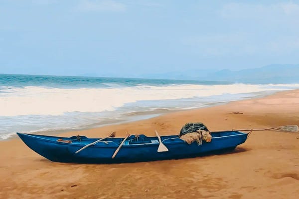 Ievgeniia Bidiuk: The Fishing Boat On The Sandy Beach In The Morning by Ievgeniia Bidiuk