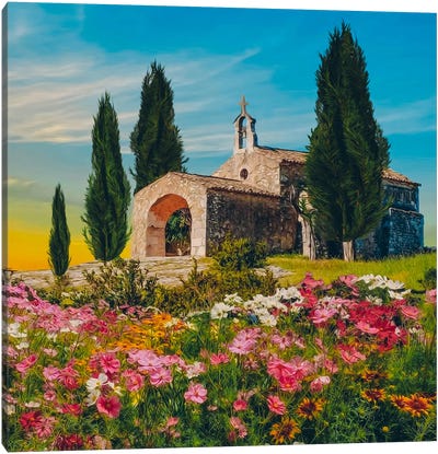 An Old Church In A Flower Meadow In Tuscany Canvas Art Print - Ievgeniia Bidiuk