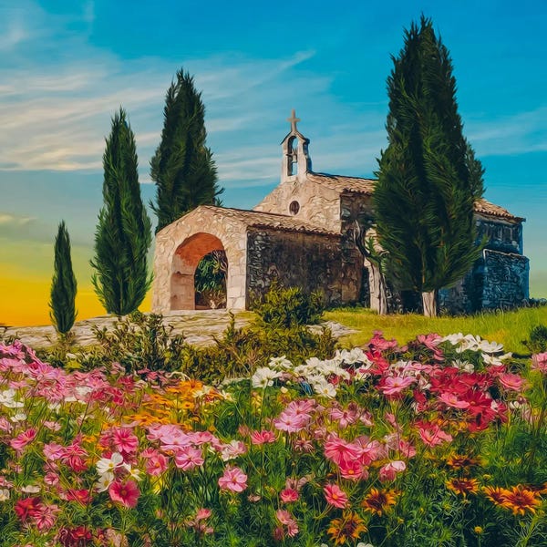 Ievgeniia Bidiuk: An Old Church In A Flower Meadow In Tuscany by Ievgeniia Bidiuk