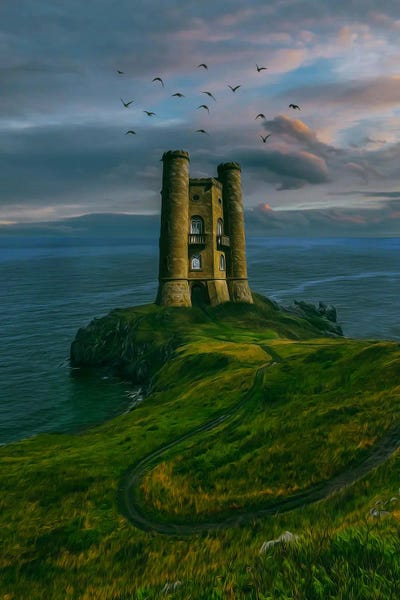 Ievgeniia Bidiuk: Fantasy Illustration Of A Lighthouse On A Background Of Clouds by Ievgeniia Bidiuk
