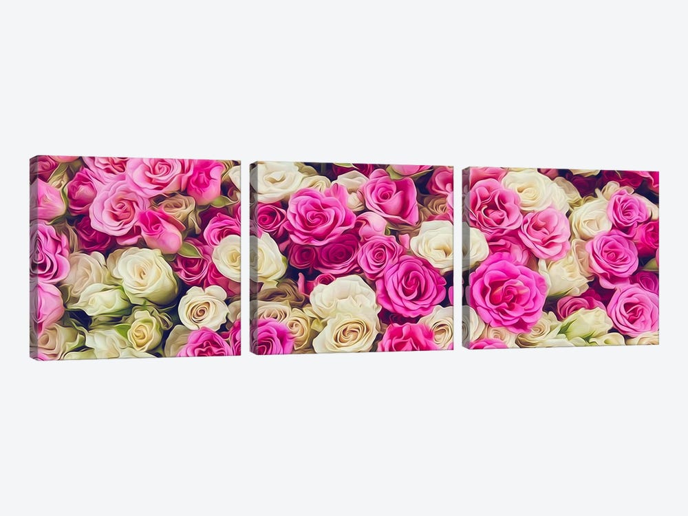 Cream And Pink Roses In A Bouquet by Ievgeniia Bidiuk 3-piece Canvas Art Print