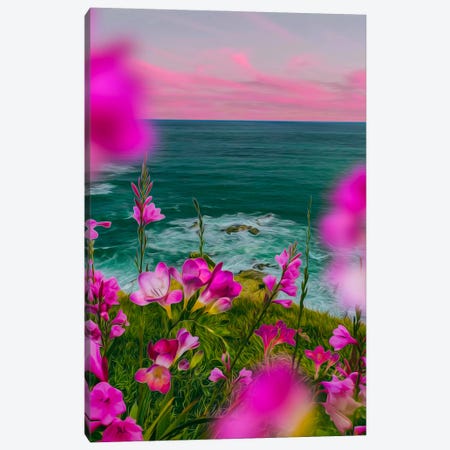 Pink Freesia Blooming On A Hill By The Sea Canvas Print #IVG751} by Ievgeniia Bidiuk Canvas Wall Art