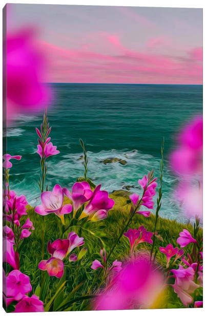 Pink Freesia Blooming On A Hill By The Sea Canvas Art Print - Ievgeniia Bidiuk