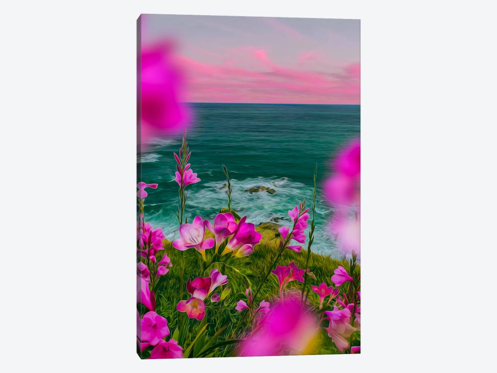 Pink Freesia Blooming On A Hill By The Sea by Ievgeniia Bidiuk 1-piece Art Print