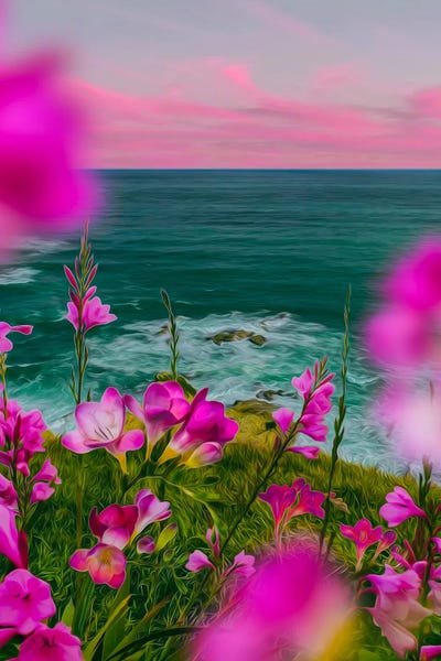 Ievgeniia Bidiuk: Pink Freesia Blooming On A Hill By The Sea by Ievgeniia Bidiuk