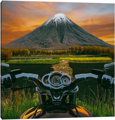 Bike In The Mountain The Sunset Is A Bicycle And A Motorcycle Canvas Art Print - Ievgeniia Bidiuk