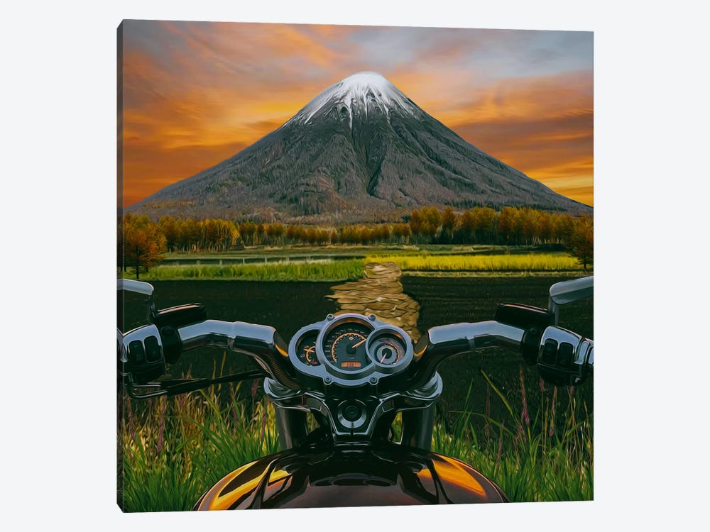 Bike In The Mountain The Sunset Is A Bicycle And A Motorcycle by Ievgeniia Bidiuk 1-piece Canvas Wall Art