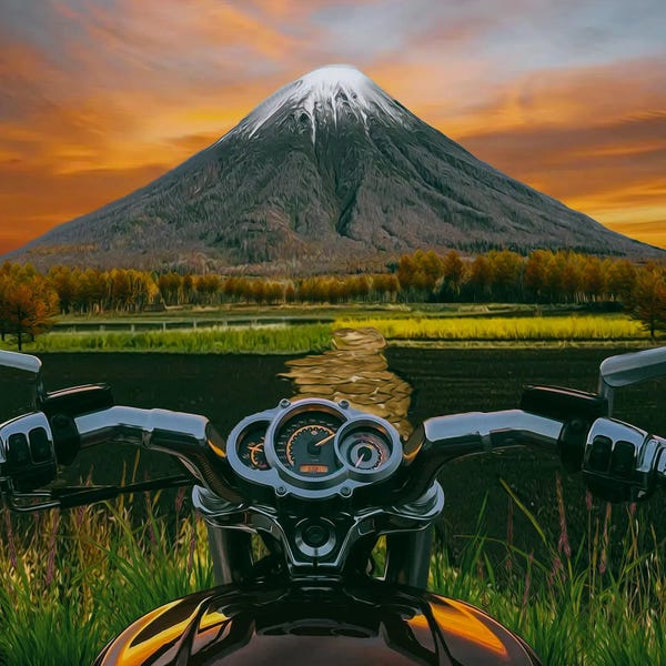 Ievgeniia Bidiuk: Bike In The Mountain The Sunset Is A Bicycle And A Motorcycle by Ievgeniia Bidiuk