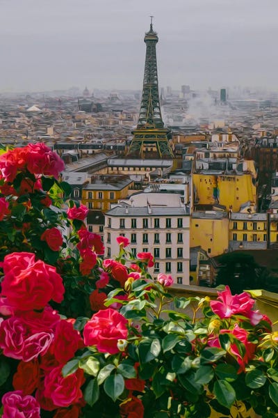 Eiffel Tower: Flowering Roses On The Terrace In Paris by Ievgeniia Bidiuk