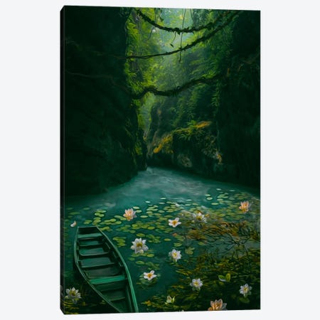 A Green Boat On A Lake With Lilies In The Gorge Canvas Print #IVG754} by Ievgeniia Bidiuk Canvas Print