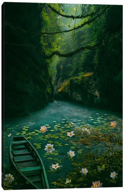 A Green Boat On A Lake With Lilies In The Gorge Canvas Art Print - Jungles