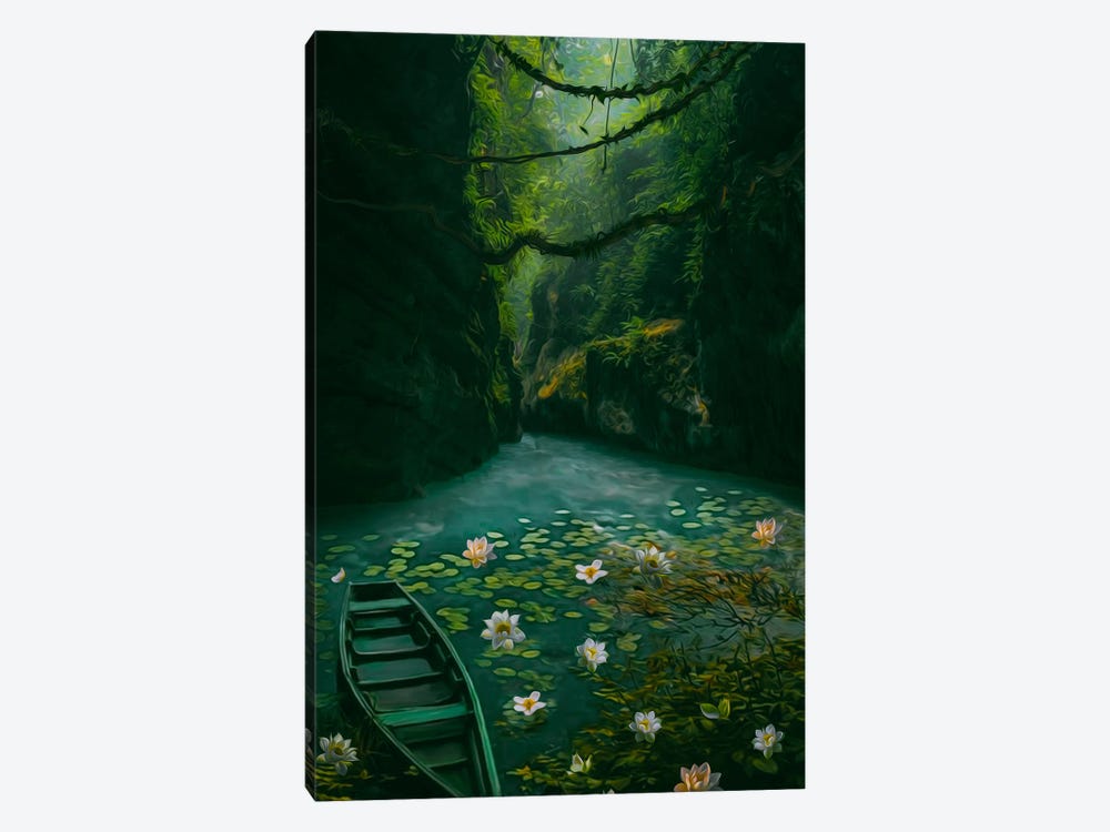 A Green Boat On A Lake With Lilies In The Gorge by Ievgeniia Bidiuk 1-piece Canvas Artwork