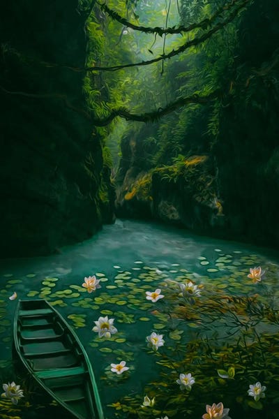 Ievgeniia Bidiuk: A Green Boat On A Lake With Lilies In The Gorge by Ievgeniia Bidiuk