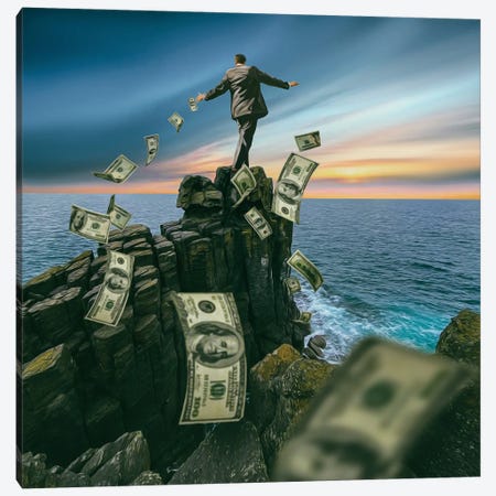 A Man On The Edge Of A Cliff Surrounded By Money Canvas Print #IVG758} by Ievgeniia Bidiuk Canvas Artwork