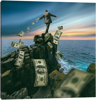 A Man On The Edge Of A Cliff Surrounded By Money Canvas Art Print - Ievgeniia Bidiuk