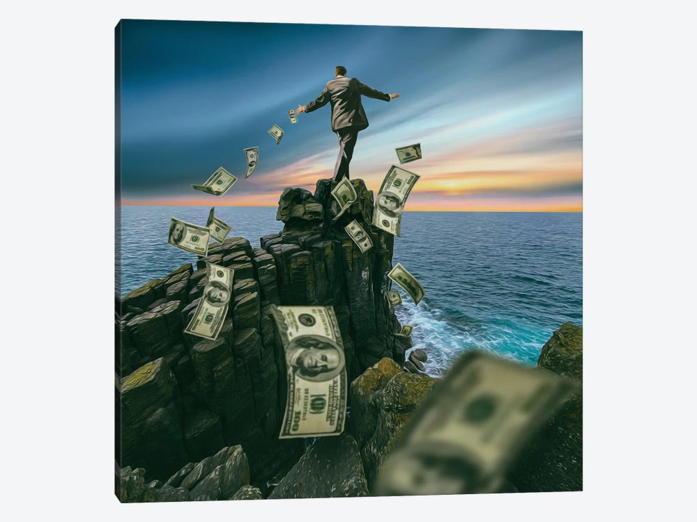 A Man On The Edge Of A Cliff Surrounded By Money by Ievgeniia Bidiuk 1-piece Canvas Artwork