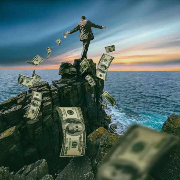 Ievgeniia Bidiuk: A Man On The Edge Of A Cliff Surrounded By Money by Ievgeniia Bidiuk