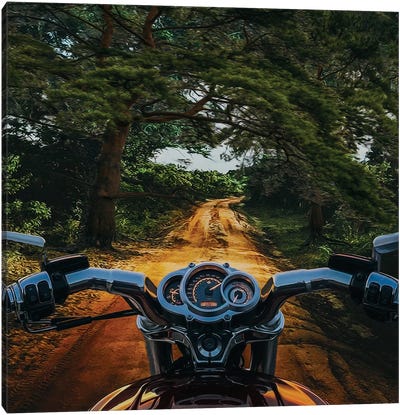 A Motorcycle On A Sand Road In Africa Canvas Art Print - Ievgeniia Bidiuk
