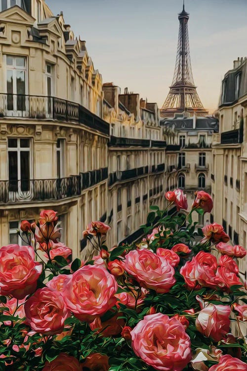 Pink Roses On The Streets Of Paris by Ievgeniia Bidiuk wall art