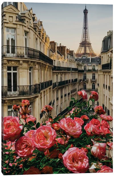 Pink Roses On The Streets Of Paris Canvas Art Print - Ievgeniia Bidiuk