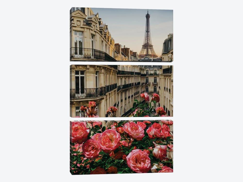 Pink Roses On The Streets Of Paris by Ievgeniia Bidiuk 3-piece Canvas Print