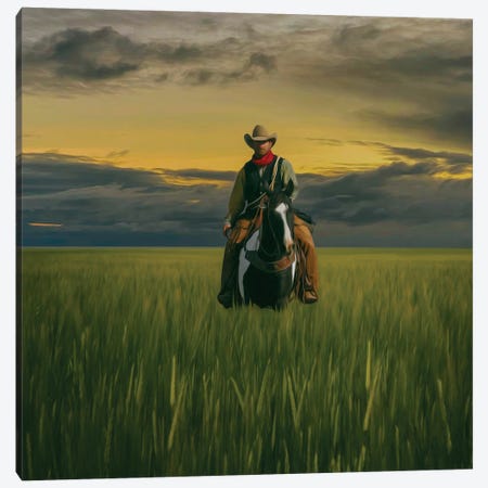 Cowboy On A Horse In A Wheat Field Canvas Print #IVG769} by Ievgeniia Bidiuk Art Print