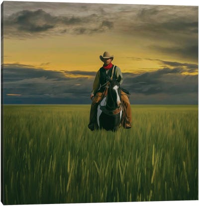Cowboy On A Horse In A Wheat Field Canvas Art Print - Ievgeniia Bidiuk