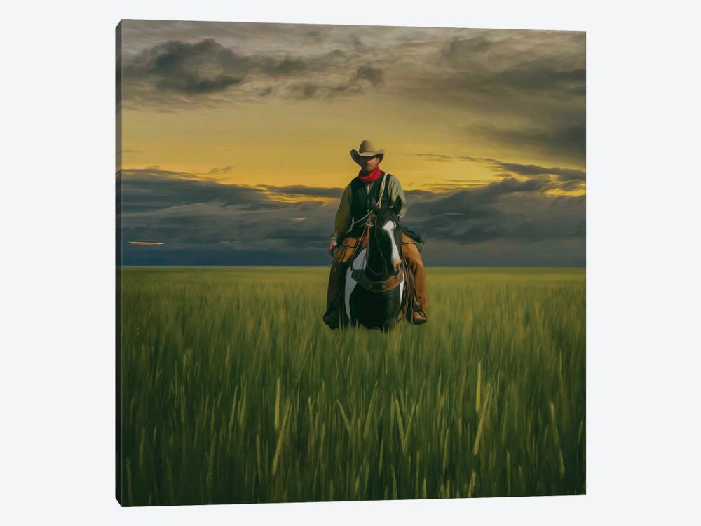 Cowboy On A Horse In A Wheat Field by Ievgeniia Bidiuk 1-piece Canvas Art