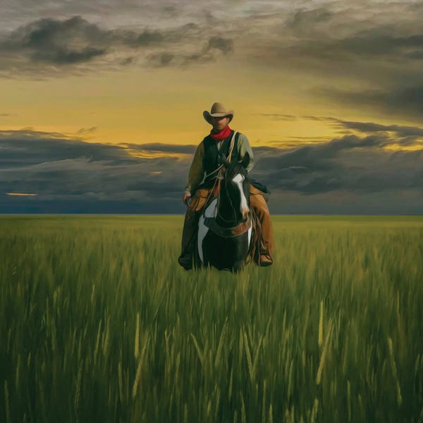 Ievgeniia Bidiuk: Cowboy On A Horse In A Wheat Field by Ievgeniia Bidiuk