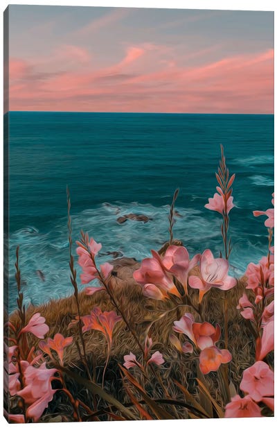 Wild Flowers On A Hill By The Sea Canvas Art Print - Ievgeniia Bidiuk