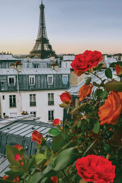 Orange Roses On The Background Of Paris by Ievgeniia Bidiuk wall art