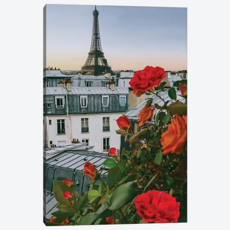 Orange Roses On The Background Of Paris Canvas Print #IVG774} by Ievgeniia Bidiuk Canvas Art Print