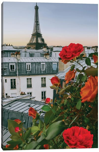 Orange Roses On The Background Of Paris Canvas Art Print - Ievgeniia Bidiuk