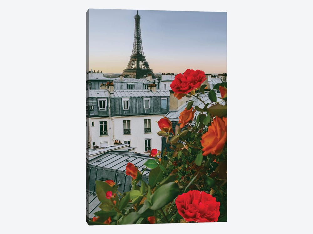 Orange Roses On The Background Of Paris by Ievgeniia Bidiuk 1-piece Canvas Artwork