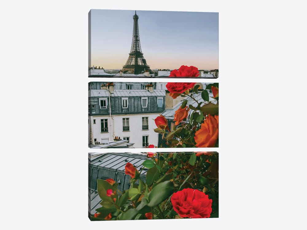 Orange Roses On The Background Of Paris by Ievgeniia Bidiuk 3-piece Canvas Wall Art