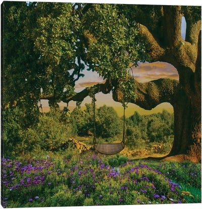 An Old Large Tree With A Swing In A Flower Meadow Canvas Art Print - Ievgeniia Bidiuk