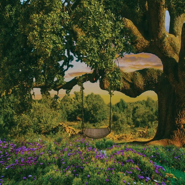 Ievgeniia Bidiuk: An Old Large Tree With A Swing In A Flower Meadow by Ievgeniia Bidiuk