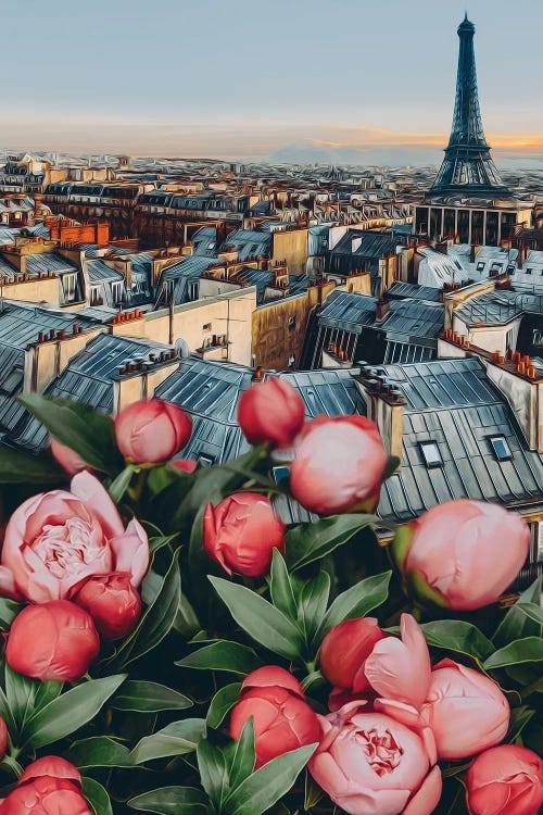 Pink Peonies On The Background Of Paris by Ievgeniia Bidiuk wall art