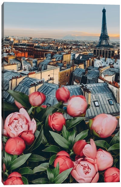 Pink Peonies On The Background Of Paris Canvas Art Print - Ievgeniia Bidiuk