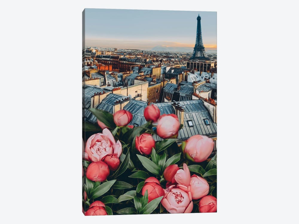 Pink Peonies On The Background Of Paris by Ievgeniia Bidiuk 1-piece Art Print