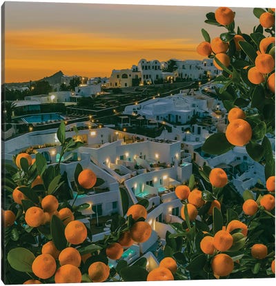 Tangerine Trees Over The Evening Santorini Canvas Art Print - Orange Art